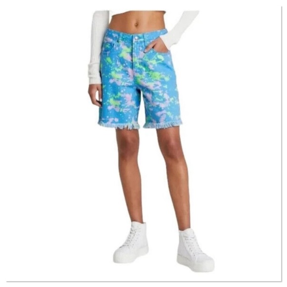 Women’s High Rise Bermuda Shorts Blue Paint Splash Wild Fable - Picture 2 of 6